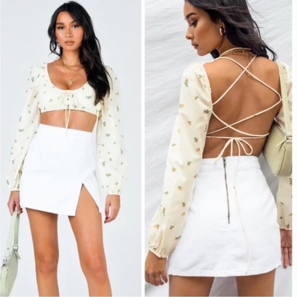 Princess Polly Yellow Cream Floral Violetta Crop Top Size 4